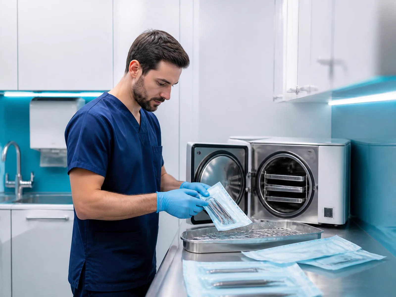 Zdravotník pripravuje zabalené sterilné nástroje pri autokláve v sterilizačnej miestnosti